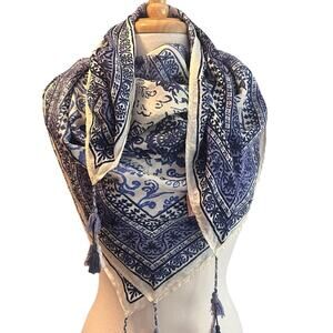 Vismaya 100% Silk Square Scarf w/Tassels Blue White Italian Print Paisley